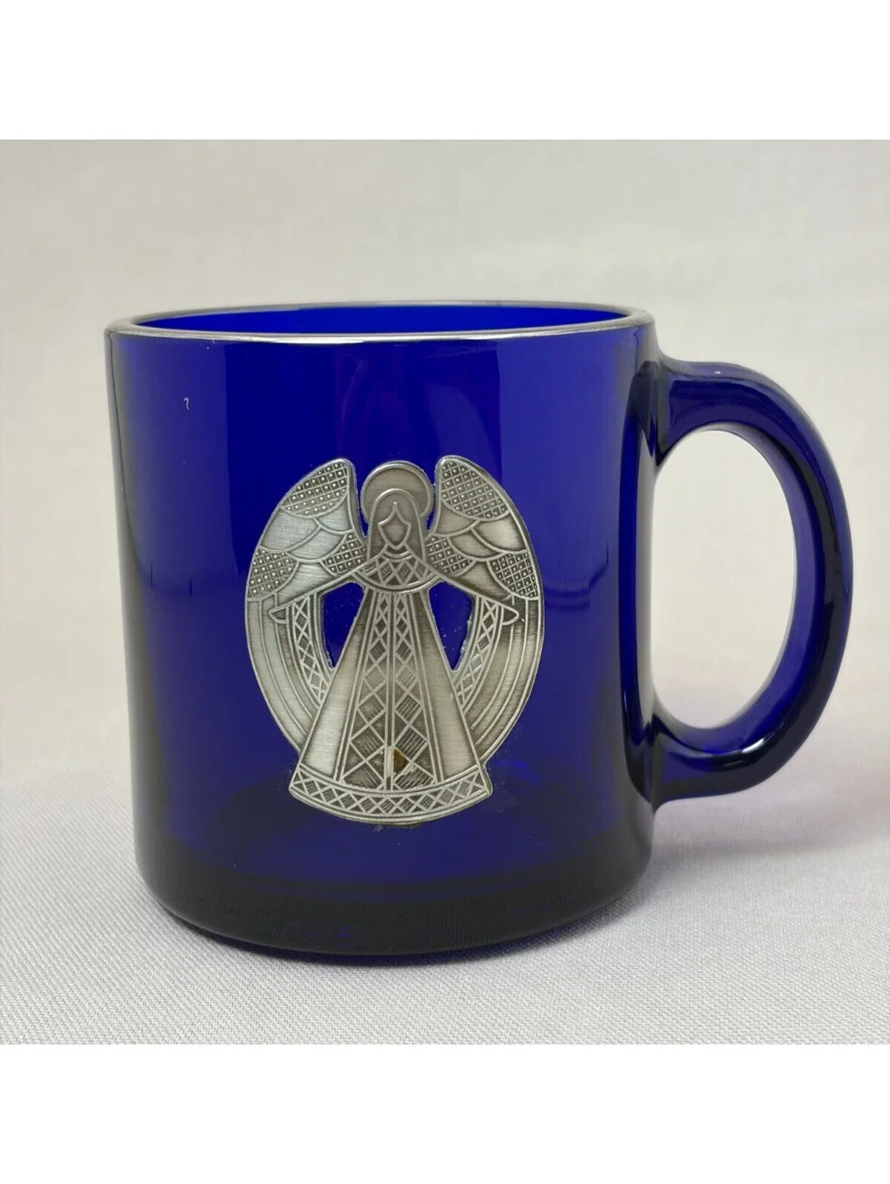 Vintage Cobalt Blue Glass Coffee Mug Pewter Guardian Angel Silver Rim Made in US